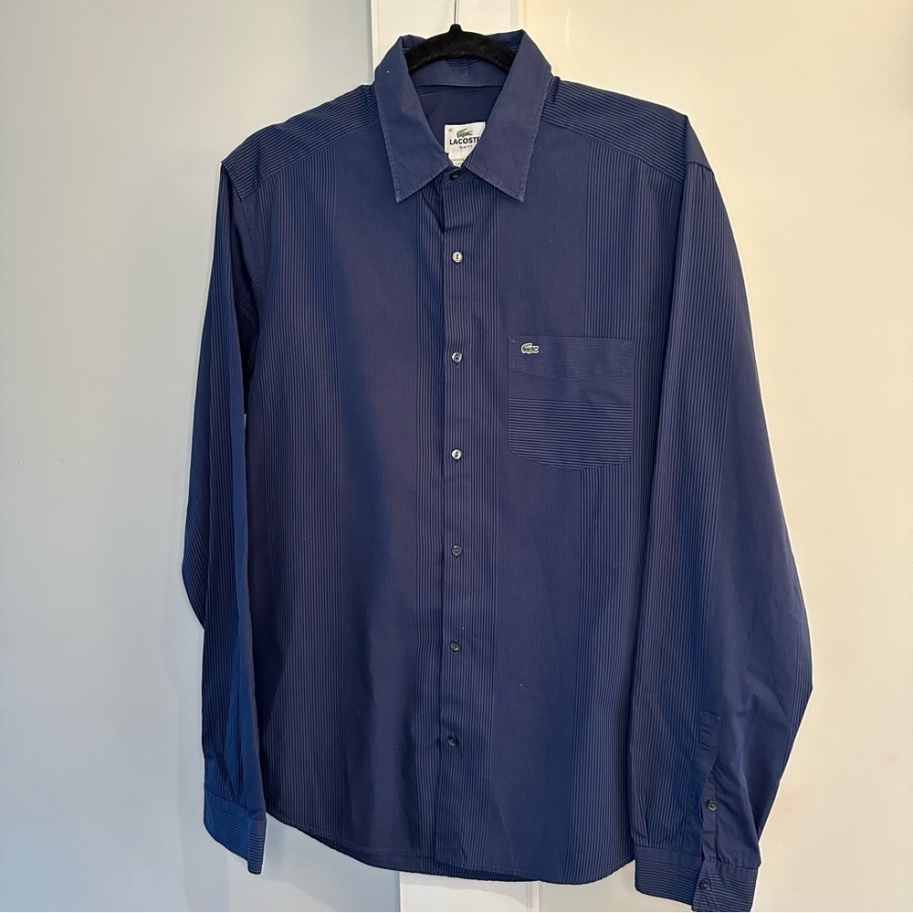 VINTAGE LACOSTE RARE BLUE STRIPED LS SHIRT WITH REMOVABLE COLLAR MENS SZ 41